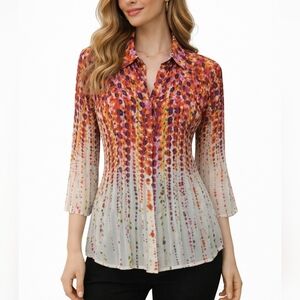 Vtg NEW YORK CITY Design Colorful Floral Rainbow Button Down Chiffon Shirt